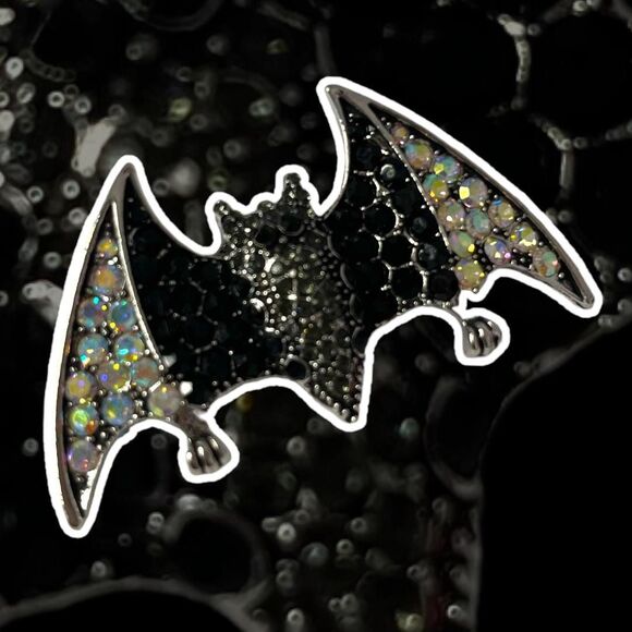 Stunning Elegant Halloween Bat Pin in Blue, Green and Black - Rhinestone - Picture 8 of 8